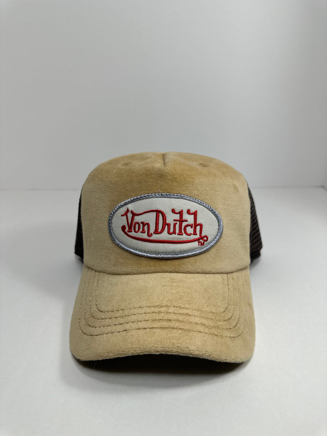 Y2K Von Dutch Creme Brown Suede Felt Two Tone Trucker Hat