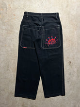 Load image into Gallery viewer, Vintage JNCO Tribal Crown Black Denim Wide Leg Jeans (35x32)
