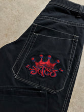 Load image into Gallery viewer, Vintage JNCO Tribal Crown Black Denim Wide Leg Jeans (35x32)
