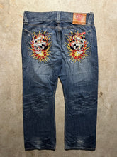 Load image into Gallery viewer, Y2K Ed Hardy Skull and Flames Embroidered Denim Medium Wash Jeans (44x33)
