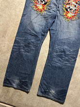 Load image into Gallery viewer, Y2K Ed Hardy Skull and Flames Embroidered Denim Medium Wash Jeans (44x33)
