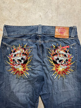Load image into Gallery viewer, Y2K Ed Hardy Skull and Flames Embroidered Denim Medium Wash Jeans (44x33)
