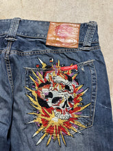 Load image into Gallery viewer, Y2K Ed Hardy Skull and Flames Embroidered Denim Medium Wash Jeans (44x33)

