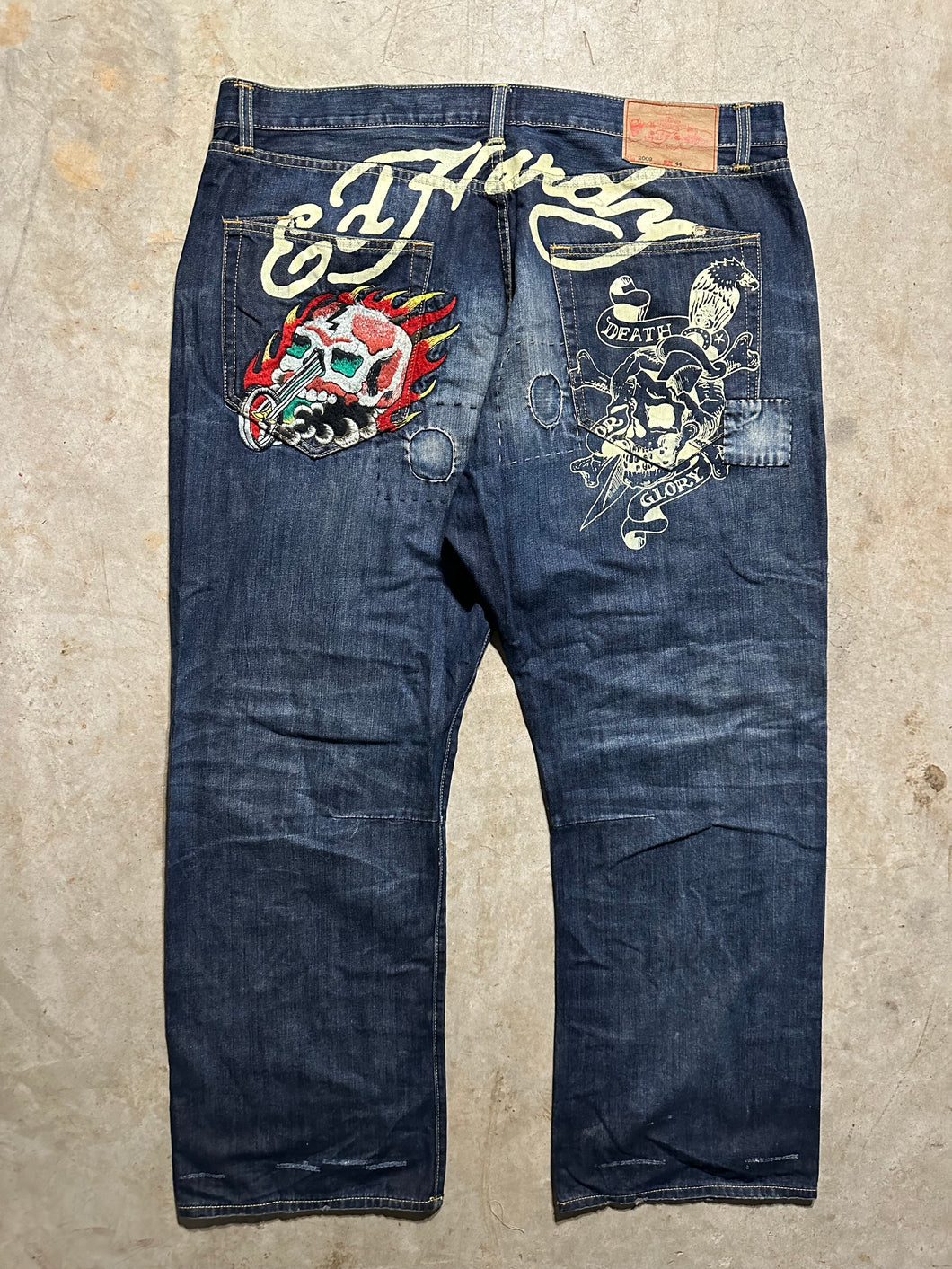 Y2K Ed Hardy Death or Glory Embroidered Skull Denim Medium Wash Jeans (44x33)